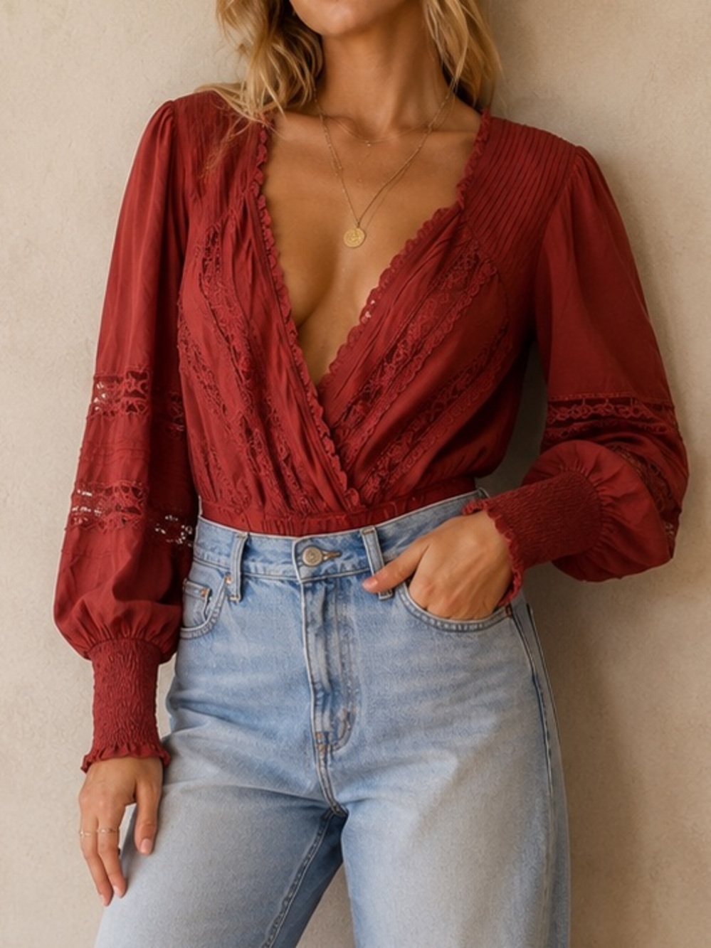 Free People Intimately FP Lace Surplice Bodysuit Rust Red XL NWT Boho